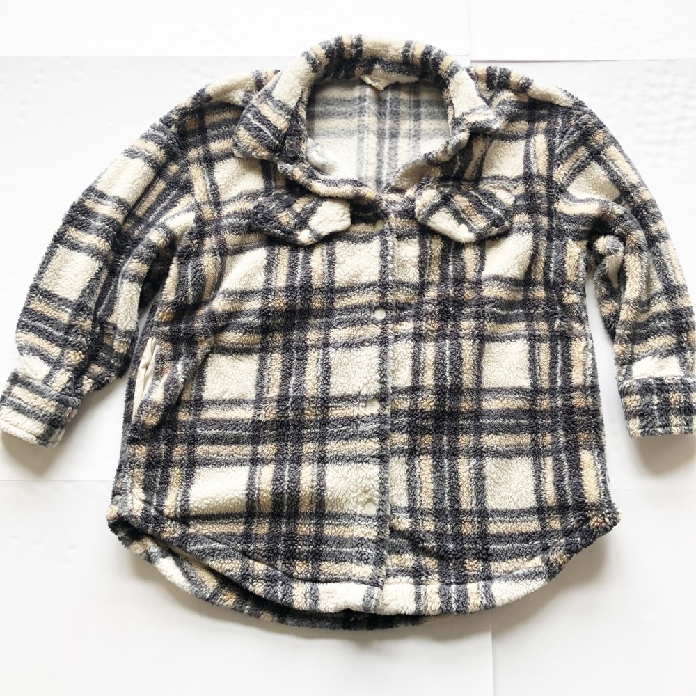 Terra & Sky Jacket Women 0X 14W Plaid Fleece Shacket Button Front Shirt Plaid